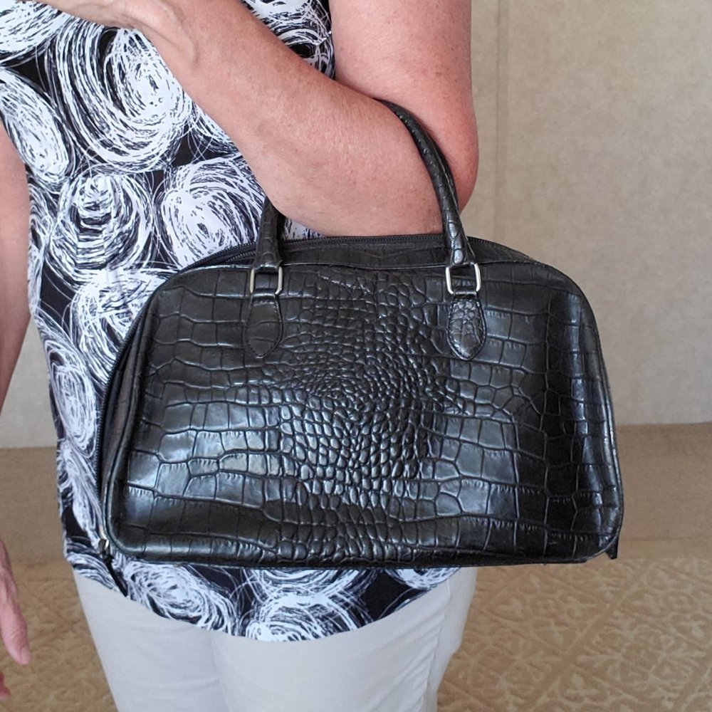 Cristian Black Croco Embossed Genuine Leather Handbag Purse Italy